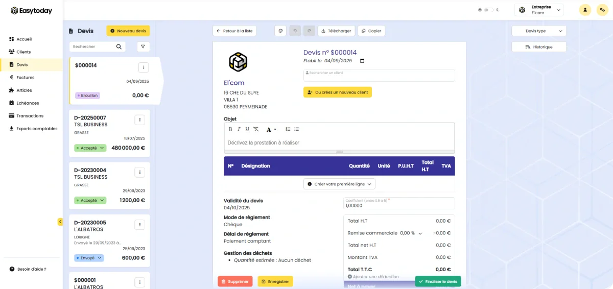 Écran officiel EasyToday de création d’un devis pour une entreprise du BTP
