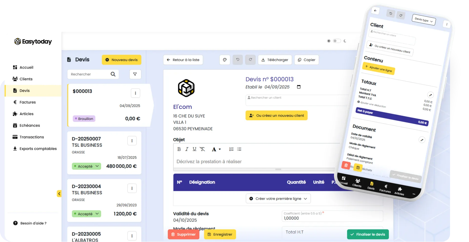 EasyToday affiché sur ordinateur et smartphone pour créer un devis BTP