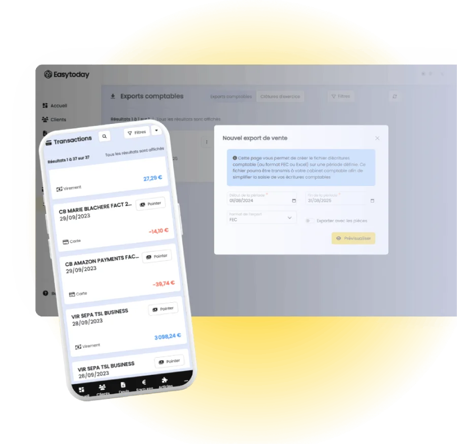 Écran officiel EasyToday de suivi bancaire et d’export comptable
